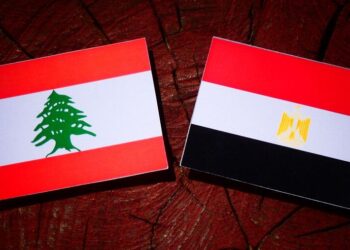 Lebanese flag with Egyptian flag on a tree stump isolated