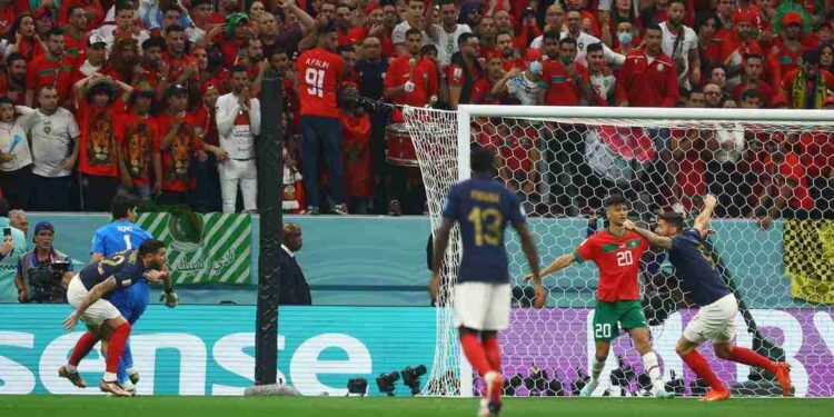 Soccer Football - FIFA World Cup Qatar 2022 - Semi Final - France v Morocco - Al Bayt Stadium, Al Khor, Qatar - December 14, 2022 France's Theo Hernandez celebrates scoring their first goal REUTERS/Lee Smith