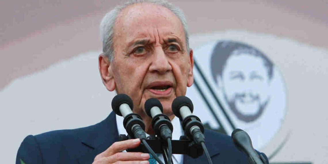 FILE PHOTO: Lebanon's Parliament Speaker Nabih Berri addresses his supporters during a rally to mark the 44th anniversary of the disappearance of Imam Musa al-Sadr, founder of the Amal movement, who disappeared after traveling to Libya in 1978, in the southern Lebanese port city of Tyre, Lebanon August 31, 2022.   REUTERS/Aziz Taher/File Photo