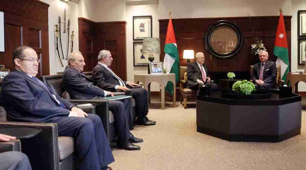 AMMAN, JORDAN - OCTOBER 12: (----EDITORIAL USE ONLY  MANDATORY CREDIT - 'PALESTINIAN PRESIDENCY / HANDOUT' - NO MARKETING NO ADVERTISING CAMPAIGNS - DISTRIBUTED AS A SERVICE TO CLIENTS----) Palestinian President Mahmoud Abbas (2nd R) meets the King of Jordan Abdullah II (R) during his official visit in Amman, Jordan on October 12, 2023. (Photo by Palestinian Presidency/Handout/Anadolu via Getty Images)