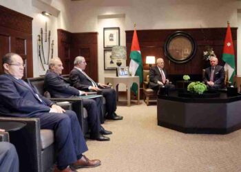 AMMAN, JORDAN - OCTOBER 12: (----EDITORIAL USE ONLY  MANDATORY CREDIT - 'PALESTINIAN PRESIDENCY / HANDOUT' - NO MARKETING NO ADVERTISING CAMPAIGNS - DISTRIBUTED AS A SERVICE TO CLIENTS----) Palestinian President Mahmoud Abbas (2nd R) meets the King of Jordan Abdullah II (R) during his official visit in Amman, Jordan on October 12, 2023. (Photo by Palestinian Presidency/Handout/Anadolu via Getty Images)