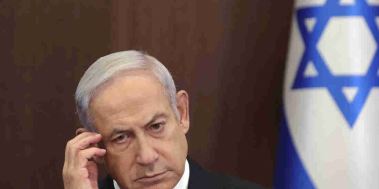 FILE -  Israeli Prime Minister Benjamin Netanyahu attends the weekly cabinet meeting in the prime minister's office in Jerusalem, Sunday, June 25, 2023. Netanyahu's office says he has been rushed to a hospital but that is in “good condition” as he undergoes a medical evaluation. The Israeli leader’s office said he was being treated on Saturday, July 15, 2023 at Israel’s Sheba Hospital, near Tel Aviv. (Abir Sultan/Pool Photo via AP, File)