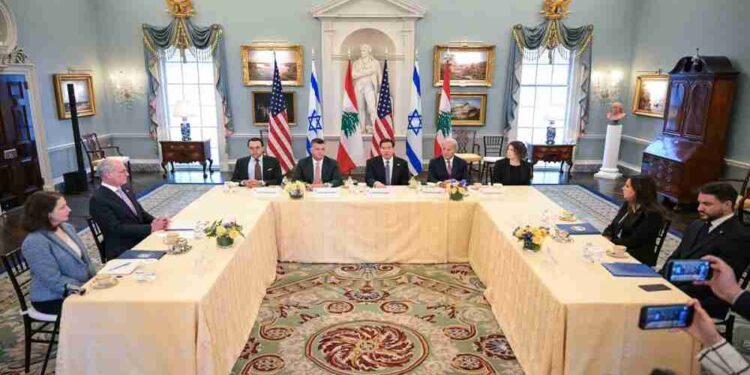 US Secretary of State Marco Rubio (C) speaks during a meeting with Lebanon's Ambassador to the US Nada Hamadeh Moawad (2R) and Israeli Ambassador to the US Yechiel Leiter (2L) at the State Department in Washington, DC, on April 14, 2026. (Photo by Oliver Contreras / AFP)